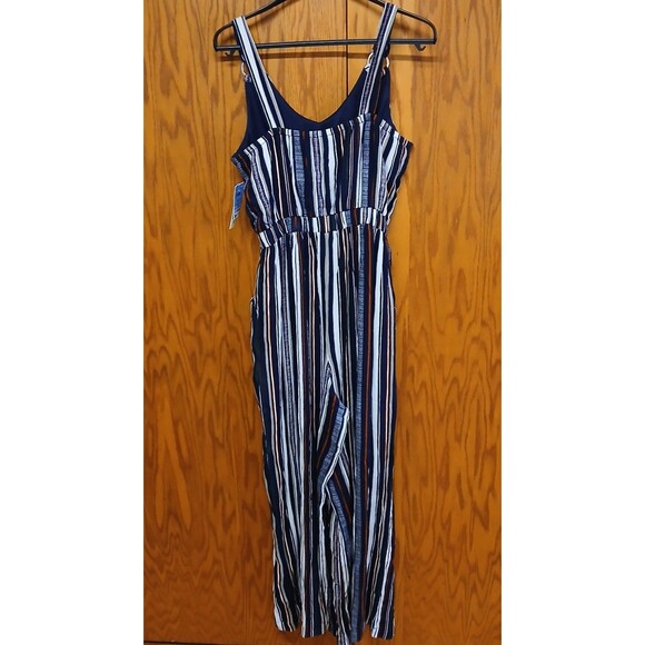 Derek Heart Blue White Striped Sleeveless Romper Jumpsuit Womens Large NEW - Picture 3 of 11